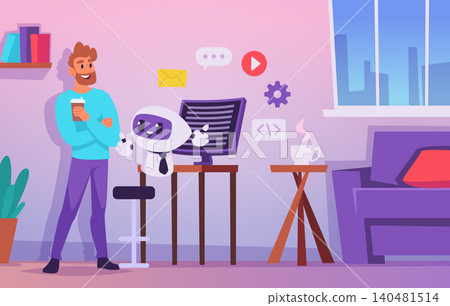 Chatbot Background. Modern vector ai assistant scene with robot messaging interface and mobile support chat exact artwork Chatbot Background. Modern vector ai assistant scene with robot messaging interface and mobile support chat exact artwork 140481514