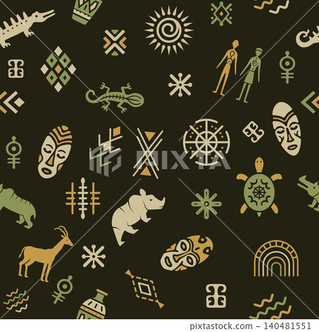 Ethnic Pattern. Vector seamless pattern with tribal masks animals symbols ornaments and cultural motifs in ethnic style Ethnic Pattern. Vector seamless pattern with tribal masks animals symbols ornaments and cultural motifs in ethnic style 140481551