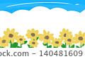 A cute background illustration featuring sunflowers, a blue sky, and contrails. 140481609