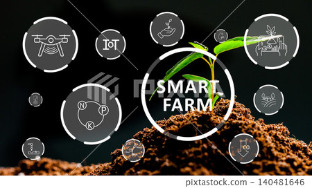 Smart farm showing technology and elements of modern agriculture in a dark setting Smart farm showing technology and elements of modern agriculture in a dark setting 140481646