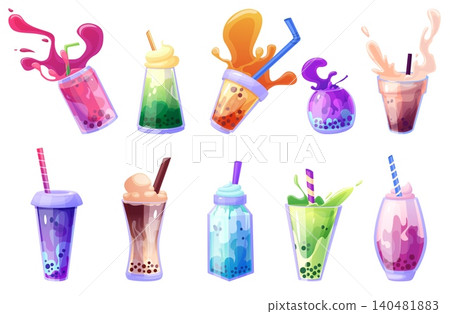Cartoon bubble tea. Milk boba tea with colorful splashes, creamy cups, juice. Asian style refreshing sweet drinks in take away cups and glasses, nowaday vector set 140481883