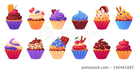 Cartoon cupcake. Bright sweet desserts, cupcakes with creamy caps, chocolate, cookies, cherry. Cafe, cafeteria, bakery food. Party sweets nowaday vector clipart Cartoon cupcake. Bright sweet desserts, cupcakes with creamy caps, chocolate, cookies, cherry. Cafe, cafeteria, bakery food. Party sweets nowaday vector clipart 140481885