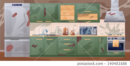Damaged kitchen interior. Cartoon messy dining room cooking zone with spots and spider web, cracks on cutlery. Broken appliances, abandoned home nowaday vector scene Damaged kitchen interior. Cartoon messy dining room cooking zone with spots and spider web, cracks on cutlery. Broken appliances, abandoned home nowaday vector scene 140481886