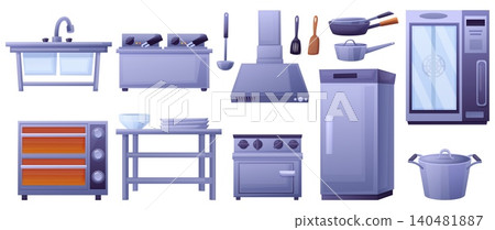 Professional kitchen tools. Dehydration station, refrigerator, oven and metal sink. Fast food, restaurant, cafe cooking equipment, crockery, nowaday vector set Professional kitchen tools. Dehydration station, refrigerator, oven and metal sink. Fast food, restaurant, cafe cooking equipment, crockery, nowaday vector set 140481887