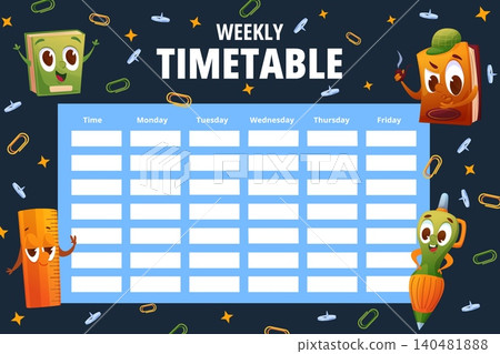 School timetable template. Time management and study organization page with funny stationery characters. Cartoon books, pen and ruler, nowaday vector design School timetable template. Time management and study organization page with funny stationery characters. Cartoon books, pen and ruler, nowaday vector design 140481888