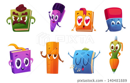 Stationery cartoon characters. Cartoon funny books, pen pencil eraser and ruler. School college office supplies, adorable children mascots, nowaday vector set Stationery cartoon characters. Cartoon funny books, pen pencil eraser and ruler. School college office supplies, adorable children mascots, nowaday vector set 140481889