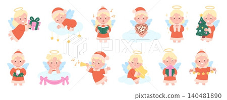 Christmas angels. Cute little angel in x-mas costumes with tree, gifts, gingerbread, candle and star garland. Funny winter holiday characters, racy vector set 140481890