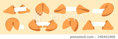 Fortune cookies. Cartoon traditional asian biscuits with surprise messages inside. Holiday gifts, different cookies with empty paper sheets, racy vector clipart 140481900