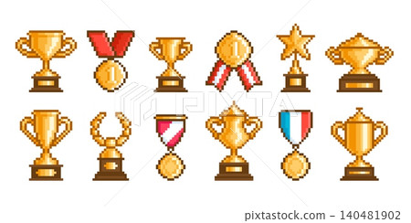 Pixel medals. Arcade game 8 bit style assets. Winner trophies, medal, goblet, order. Isolated retro computer play icons. Gold awards for leader, champion, tidy vector set Pixel medals. Arcade game 8 bit style assets. Winner trophies, medal, goblet, order. Isolated retro computer play icons. Gold awards for leader, champion, tidy vector set 140481902