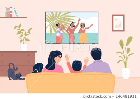 Family with children watch tv. Parents and kids sitting on sofa in living room and watching tv show or cinema. Evening together, happy life, recent vector scene Family with children watch tv. Parents and kids sitting on sofa in living room and watching tv show or cinema. Evening together, happy life, recent vector scene 140481931