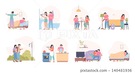 Couple daily routine. Freelancers living together, doing different activities. Man and woman wake up, eating and cooking, watch tv, recent vector scenes Couple daily routine. Freelancers living together, doing different activities. Man and woman wake up, eating and cooking, watch tv, recent vector scenes 140481936