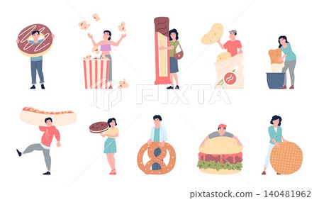 People holding snacks. Men women holding chocolate bar, popcorn, hot dog, cookies, burger. Adults with fast food, nuggets, donut, recent vector characters People holding snacks. Men women holding chocolate bar, popcorn, hot dog, cookies, burger. Adults with fast food, nuggets, donut, recent vector characters 140481962