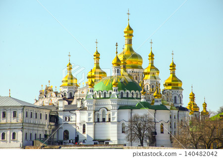 Assumption Cathedral 11th century church. Domes of Kyiv Pechersk Lavra oldest Monastery Architecture. Built in 1073 year in Ukraine Assumption Cathedral 11th century church. Domes of Kyiv Pechersk Lavra oldest Monastery Architecture. Built in 1073 year in Ukraine 140482042