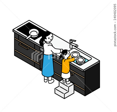 An isometric illustration of a parent and child washing dishes in a kitchenette. An isometric illustration of a parent and child washing dishes in a kitchenette. 140482095