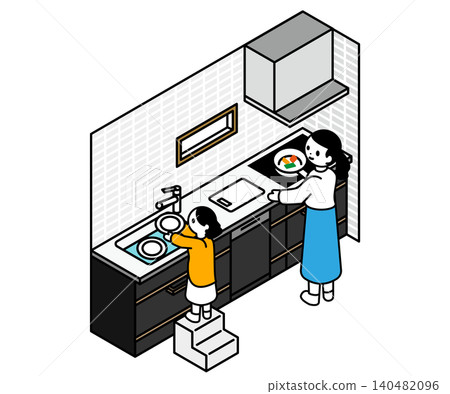 An isometric illustration of a parent and child cooking and washing dishes in a wall-mounted kitchen. 140482096