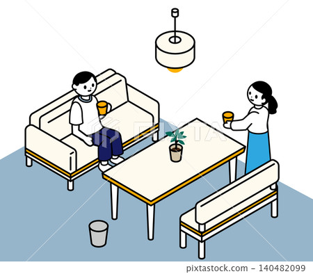 一對夫婦在客廳沙發上放鬆的等距插圖。 一對夫婦在客廳沙發上放鬆的等距插圖。 140482099
