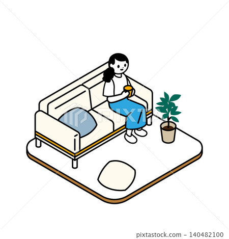 Isometric illustration of a woman relaxing on a living room sofa. Isometric illustration of a woman relaxing on a living room sofa. 140482100