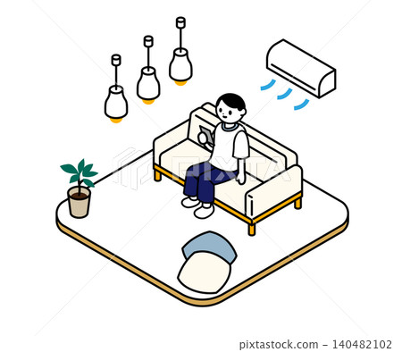 一幅等距視角插圖,描繪了一位男士在裝有空調的客廳裡放鬆休息的情景。 一幅等距視角插圖,描繪了一位男士在裝有空調的客廳裡放鬆休息的情景。 140482102