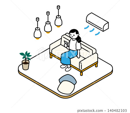 一幅等距視角插圖,描繪了一位女士在有空調的客廳裡放鬆休息的情景。 一幅等距視角插圖,描繪了一位女士在有空調的客廳裡放鬆休息的情景。 140482103