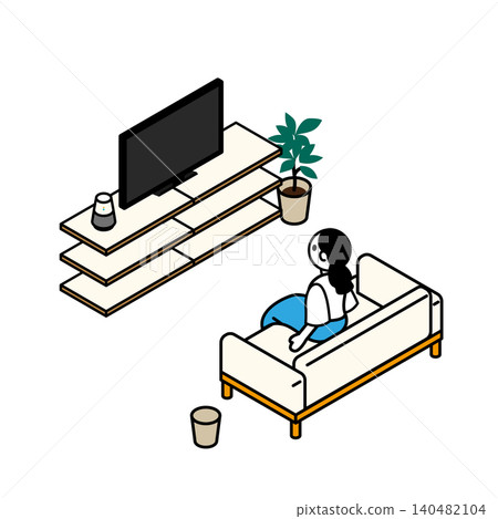 一幅描繪一位女士在客廳沙發上看電視的等距插圖。 140482104