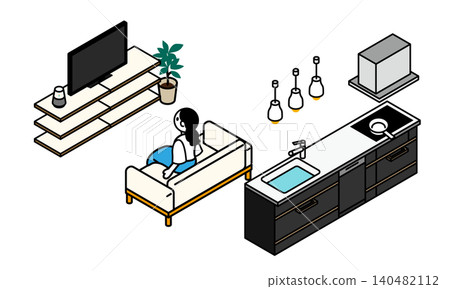 Isometric illustration set of a woman watching TV and a kitchen. Isometric illustration set of a woman watching TV and a kitchen. 140482112