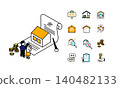 An illustration of a couple considering buying a house, and an illustration of a house purchase contract and a real estate icon. 140482133