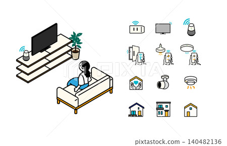 An isometric illustration of a woman watching TV in a living room with an LCD TV, and smart home icons. An isometric illustration of a woman watching TV in a living room with an LCD TV, and smart home icons. 140482136