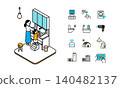 Illustration of a parent and child washing hands at a separate sink, and icons related to water-related features in a smart home. 140482137