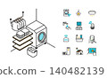 Illustrations of washing machines in the bathroom/dressing room and smart home plumbing-related icons. 140482139