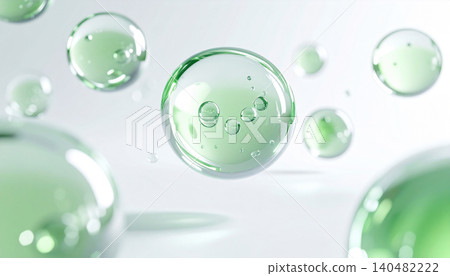 Green, transparent beauty ingredient capsules and bubbles, with a clean, 3D abstract background reminiscent of CICA and moisturizing skincare. Green, transparent beauty ingredient capsules and bubbles, with a clean, 3D abstract background reminiscent of CICA and moisturizing skincare. 140482222