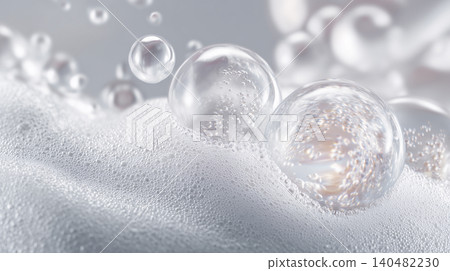 Transparent bubbles floating on white foam create a luxurious beauty background that represents clean facial cleansing and skincare. Transparent bubbles floating on white foam create a luxurious beauty background that represents clean facial cleansing and skincare. 140482230