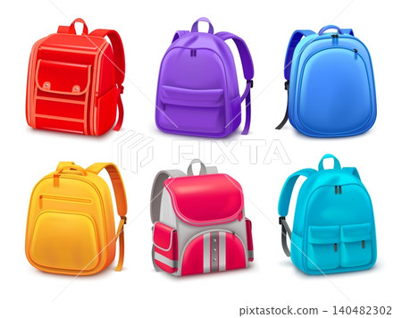 School backpack. Realistic bag pack 3d satchel handle pocket kid student rucksack yellow blue red design isolated schoolbag backbag college education set garish vector illustration School backpack. Realistic bag pack 3d satchel handle pocket kid student rucksack yellow blue red design isolated schoolbag backbag college education set garish vector illustration 140482302