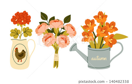 Autumn Flowers Vector Set Flat Geometric Bouquet Watering Can Pitcher Collection Autumn Flowers Vector Set Flat Geometric Bouquet Watering Can Pitcher Collection 140482338