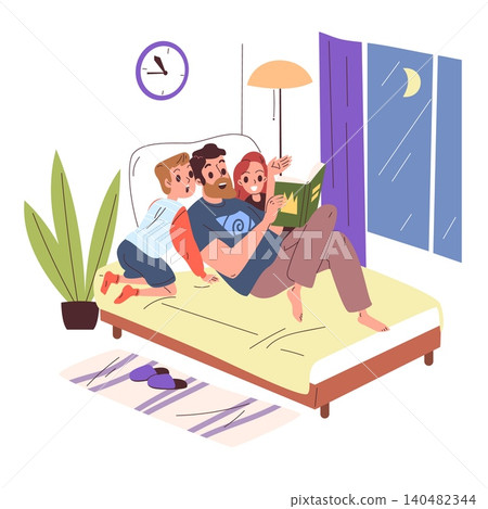 Father reading book. Dad read kid fairytale story for children, happy family kids home bedtime together childhood night time son daughter cozy couch bed classy vector illustration 140482344
