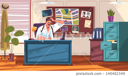 Detective office work. Investigator workplace, inspector thinking crime investigation evidence clue board paperwork table police agent sleuth agency, classy vector illustration Detective office work. Investigator workplace, inspector thinking crime investigation evidence clue board paperwork table police agent sleuth agency, classy vector illustration 140482349