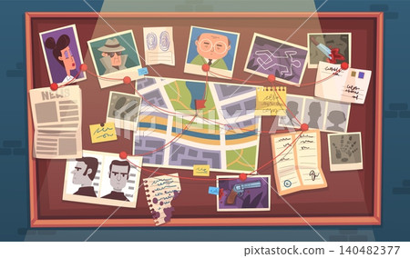 Detective board. Police crime investigation plan, evidence clue pin thread corkboard wall paper map research suspect criminal investigate work cartoon classy vector illustration Detective board. Police crime investigation plan, evidence clue pin thread corkboard wall paper map research suspect criminal investigate work cartoon classy vector illustration 140482377