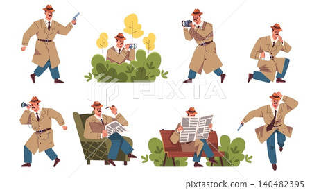 Detective. Investigator cartoon character poses, spy police inspector officer undercover agent mustache hat raincoat sleuth magnifying criminal evidence classy vector illustration 140482395