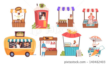 Street stall vendors. Market stalls merchant, farmer vendor tent outdoor fair booth local seller street food fruit vegetable fresh produce stand shop set classy vector illustration Street stall vendors. Market stalls merchant, farmer vendor tent outdoor fair booth local seller street food fruit vegetable fresh produce stand shop set classy vector illustration 140482403