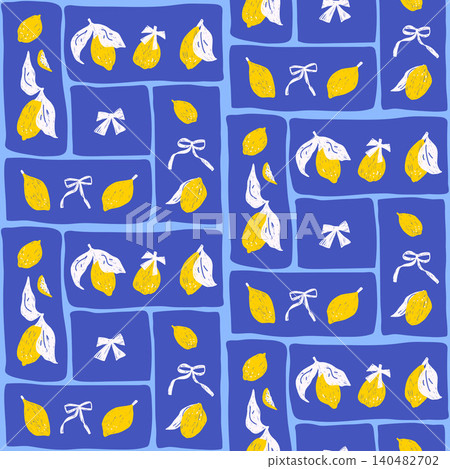 Lemons and ribbon bows seamless pattern. Patchwork fruit summer endless background. Bento grid whimsical repeat cover. Surface pattern design italian mediterranean motif. Vector hand drawn 140482702