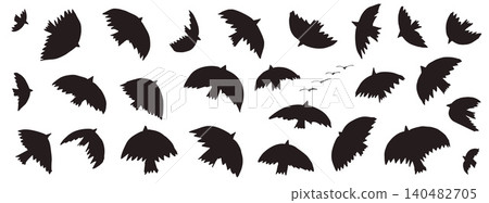 Bird flat silhouette set in simple black with flying dove shapes. Minimal bird icons as a set for pattern print or social post. Vector doodle in naive hand drawn dove and sketch art isolated on white Bird flat silhouette set in simple black with flying dove shapes. Minimal bird icons as a set for pattern print or social post. Vector doodle in naive hand drawn dove and sketch art isolated on white 140482705