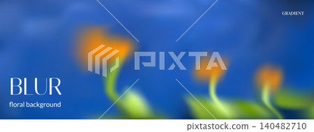 Spring blur flower gradient background. Gentle orange and green florals and foliage shadows on blue gradation summer background. Vector yellow s smooth wildflowers on backdrop. Plant blurred template Spring blur flower gradient background. Gentle orange and green florals and foliage shadows on blue gradation summer background. Vector yellow s smooth wildflowers on backdrop. Plant blurred template 140482710