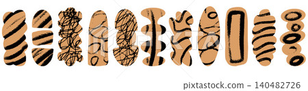 Craft paper shapes with black scribble line pattern for rustic scrapbook. Hand drawn abstract figures and doodle texture on warm beige cutout. Vector geometric paper shape set with naive line decor Craft paper shapes with black scribble line pattern for rustic scrapbook. Hand drawn abstract figures and doodle texture on warm beige cutout. Vector geometric paper shape set with naive line decor 140482726
