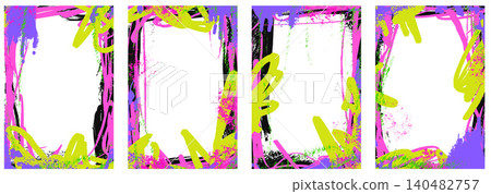 Bold spray frame set with graffiti splatter borders and poster edges. Pink and lime graffiti spray frames with grunge texture. Vector urban paint elements for street poster or school photo vignette Bold spray frame set with graffiti splatter borders and poster edges. Pink and lime graffiti spray frames with grunge texture. Vector urban paint elements for street poster or school photo vignette 140482757