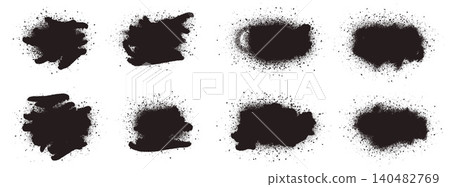 Dirty spray paint spots with aerosol splatter and rough ink tag on white bg. Distressed paint texture frames with urban splotch for wall poster. Grungy vector spray elements with spatter isolated Dirty spray paint spots with aerosol splatter and rough ink tag on white bg. Distressed paint texture frames with urban splotch for wall poster. Grungy vector spray elements with spatter isolated 140482769