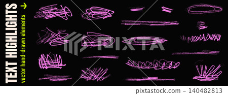 Neon scribble highlight with crayon chalk and messy lines on urban wall for poster or promo decoration. Pink neon hand drawn scribble pastel marks. Vector grunge pack isolated for collage promotion bg Neon scribble highlight with crayon chalk and messy lines on urban wall for poster or promo decoration. Pink neon hand drawn scribble pastel marks. Vector grunge pack isolated for collage promotion bg 140482813