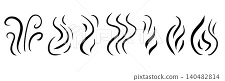 Vector set of flowing vapor silhouettes with swirling clouds, perfect for hot beverage branding, culinary projects, and flat design elements.Vector smells steam doodles isolated on white bg 140482814