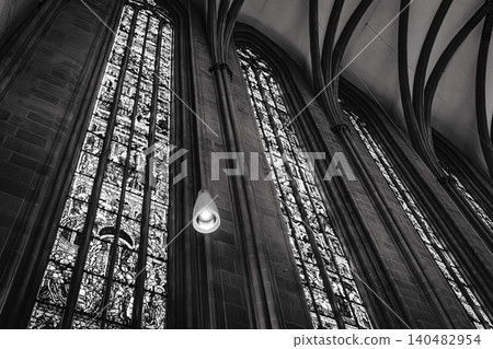 Erfurt, Germany - March 27, 2026. Monochrome Gothic Church Interior Windows Erfurt, Germany - March 27, 2026. Monochrome Gothic Church Interior Windows 140482954