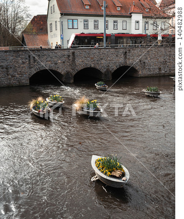 Erfurt, Germany - March 27, 2026. Tram Crossing Historic Bridge Over River Erfurt, Germany - March 27, 2026. Tram Crossing Historic Bridge Over River 140482988