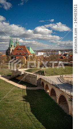 Erfurt, Germany - March 27, 2026. Vertical View of Erfurt Cathedral From Petersberg Erfurt, Germany - March 27, 2026. Vertical View of Erfurt Cathedral From Petersberg 140483011