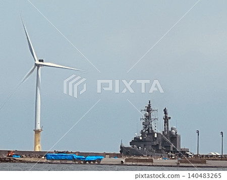 Warships anchored in the harbor and wind turbines 140483265